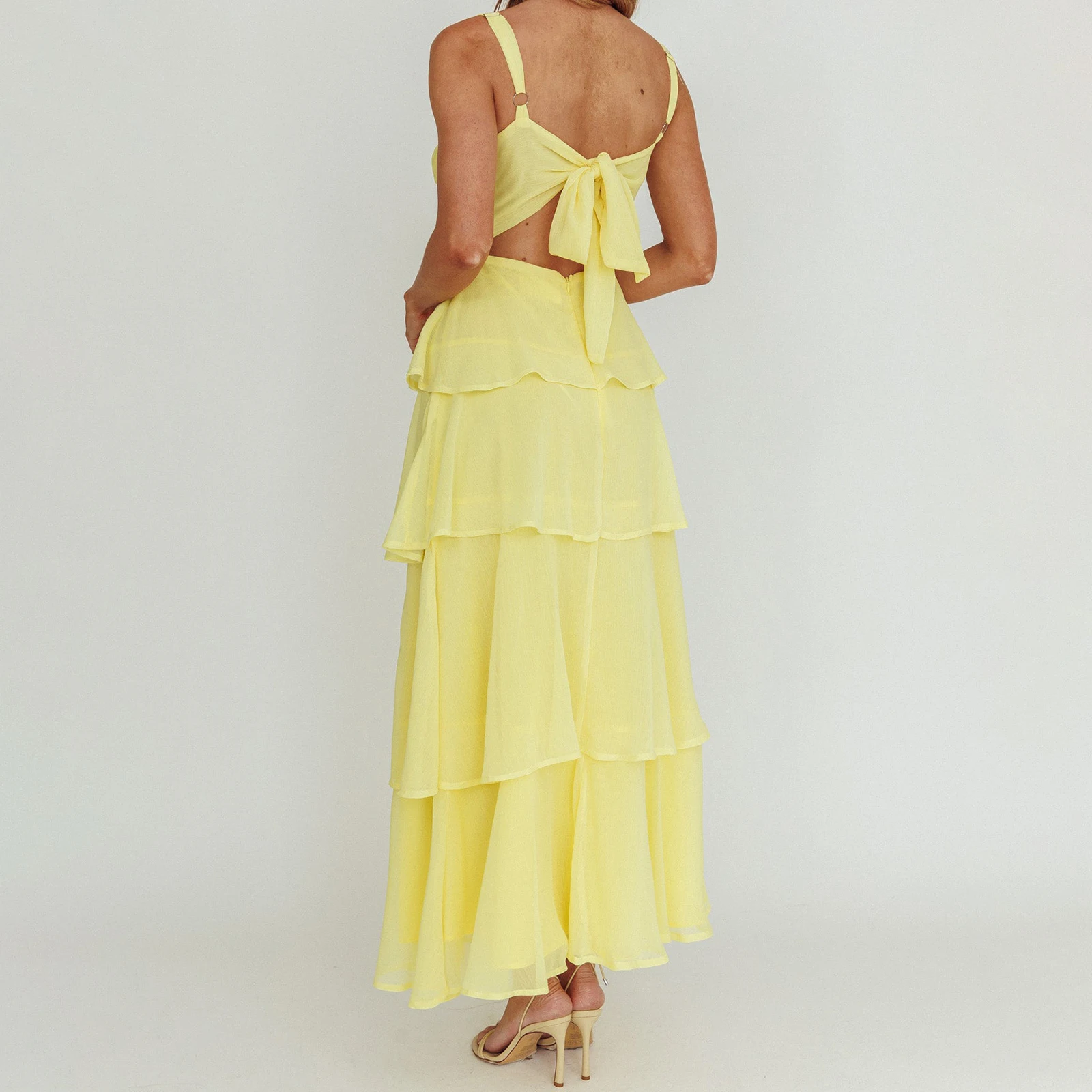 Abito estivo da donna elegante a strati lungo Cami tinta unita senza maniche con cinturino per spaghetti busto smock abito da torta sottile