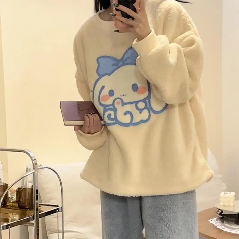 Hellokitty Pajamas Home Clothes Woman Autumn Winter Kawaii Anime Cartoon Cinnamoroll Coral Fleece Keep Warm Girl Loungewear Set