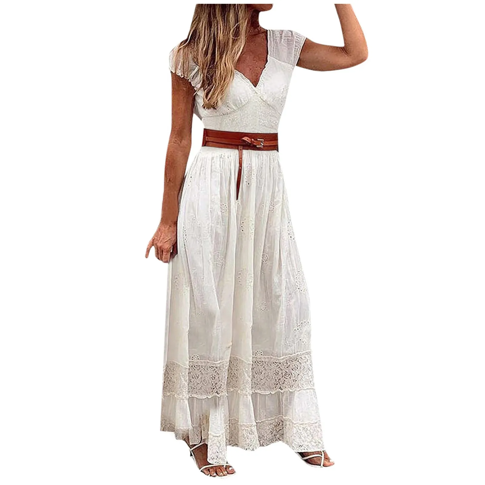 White Lace Maxi Dresses Women Summer Elegant Vintage V Neck Long Dress Fashion Short Sleeve Casual Party Beach Holiday Dress