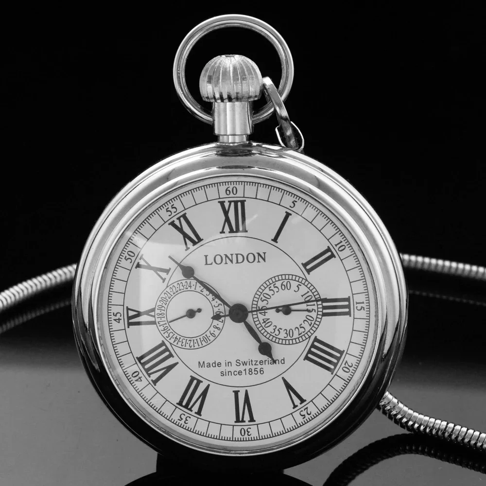 Antique Luxury Pocket Watch Mechanical Hand Winding Stainless Steel Case Mens 30cm Chain Pocket Watch Gift PJX1764