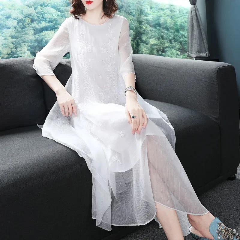 Chinese Style Cheongsam Dress Women Spring Summer Large Size Long Dresses Female Elegant Embroidered Dress Vestidos Pink White