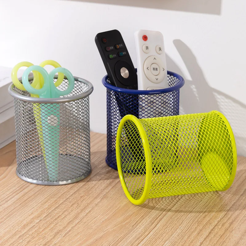 Kawaii Metal Mesh Hollow Out Pen Holder Organizer Storage Box Large Capacity Desktop Pen Holder Clips School Office Stationery