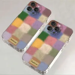 Ins Cute Dopamine Color Block Match Plaid Phone Case For Samsung S25 S24 S23 S22 S21 S20 FE Note20 Note10 Plus 5G Soft TPU Cover