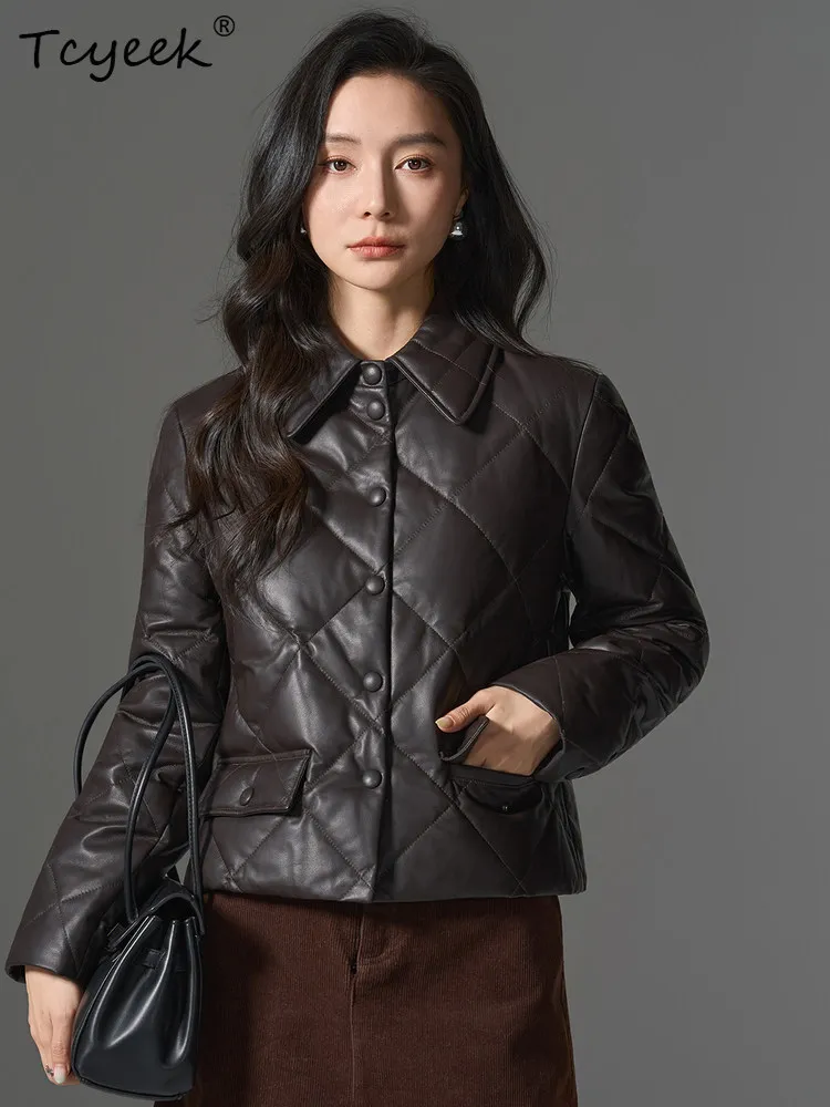 Tcyeek 100% Sheepskin Real Leather Jacket Women 90% White Goose Down Coat Woman Fashion Winter Clothes Streetwear Slim Fit 2026