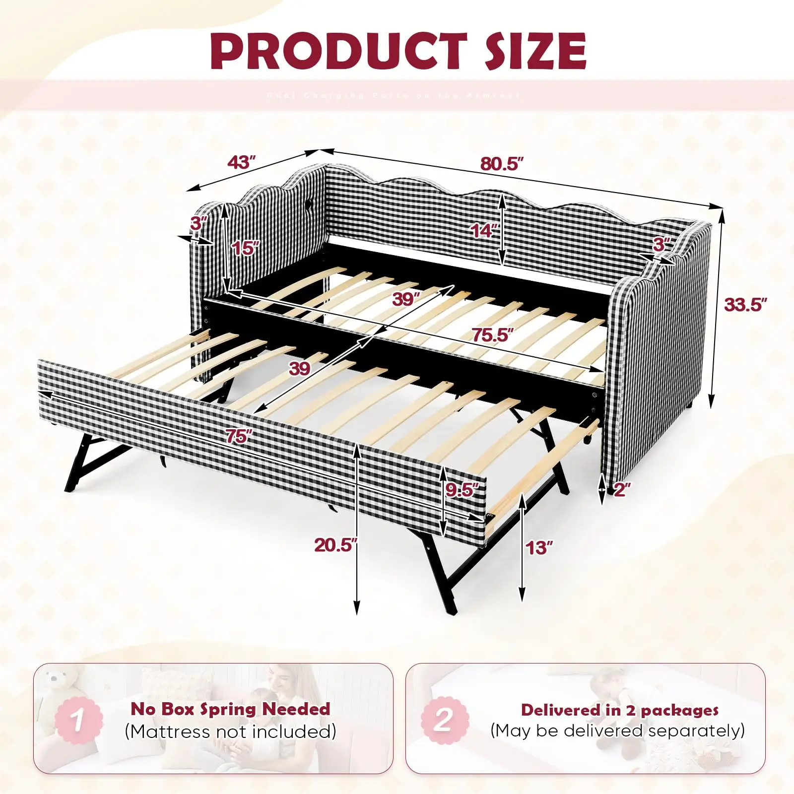Twin Daybed with Pop Up Trundle, Gingham Linen Upholstered Twin to King Size Daybed Frame with Wooden Slats & USB