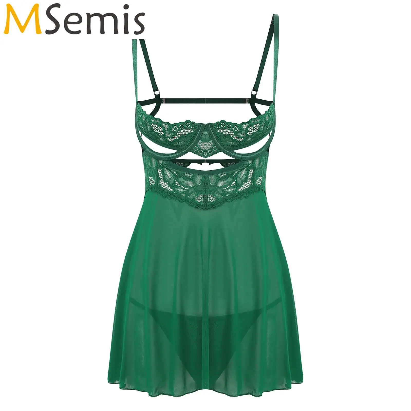 

Женская прозрачная прозрачная ночная рубашка Babydoll и стринги с регулируемыми бретелями, комплект нижнего белья с кружевной отделкой и цветочным принтом