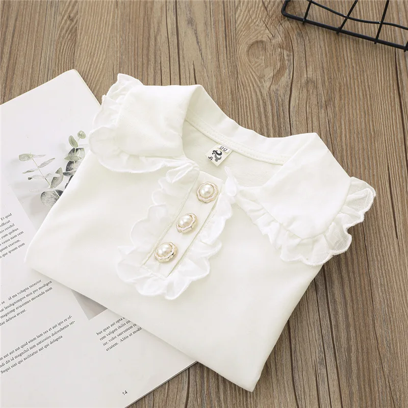 Toddler Baby Girls Tshirts Cotton Cute White Long Sleeve Tops for Kids Autumn Spring Children\'s Turn-down Collar Lace T-shirts