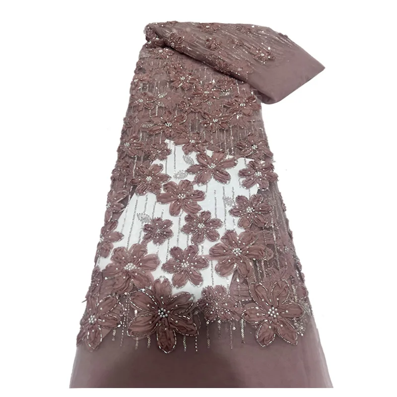 Tela de encaje de malla bordada 3D hecha a mano africana, tela de encaje con cuentas de lentejuelas francesas 2025, vestido nigeriano, vestido de boda para mujer