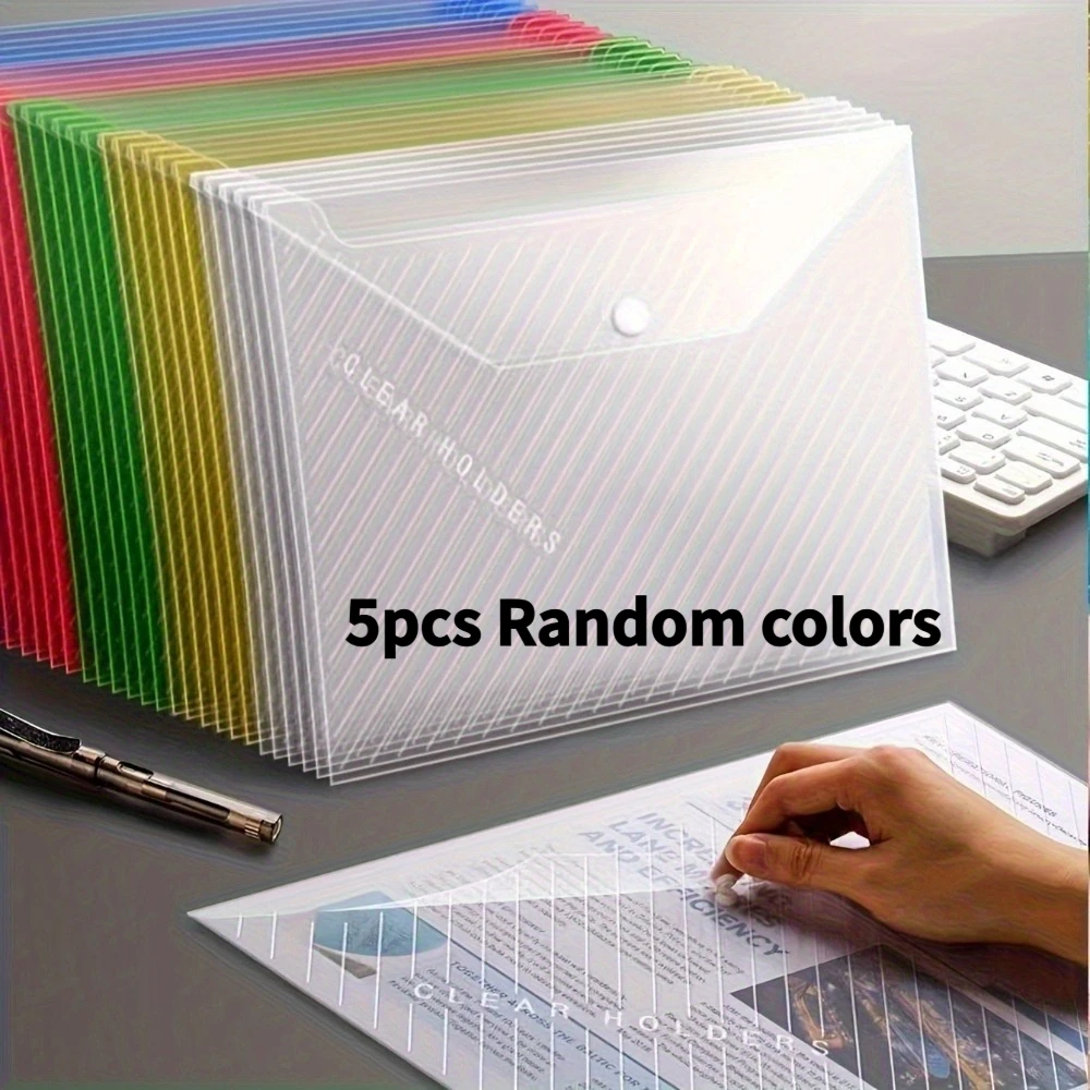 

5-Pack A4 Snap Button File Folders in Random Colors, for Exam Paper Storage, School Supplies& Office Document Organization