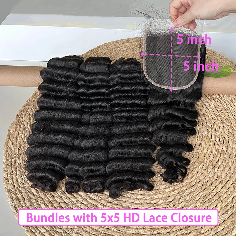 Deep Wave Double Drawn Human Hair Bundles With 13x4 HD Lace Frontal 4x4 5x5 HD Closure Natural Hair Weaving Extensions For Women