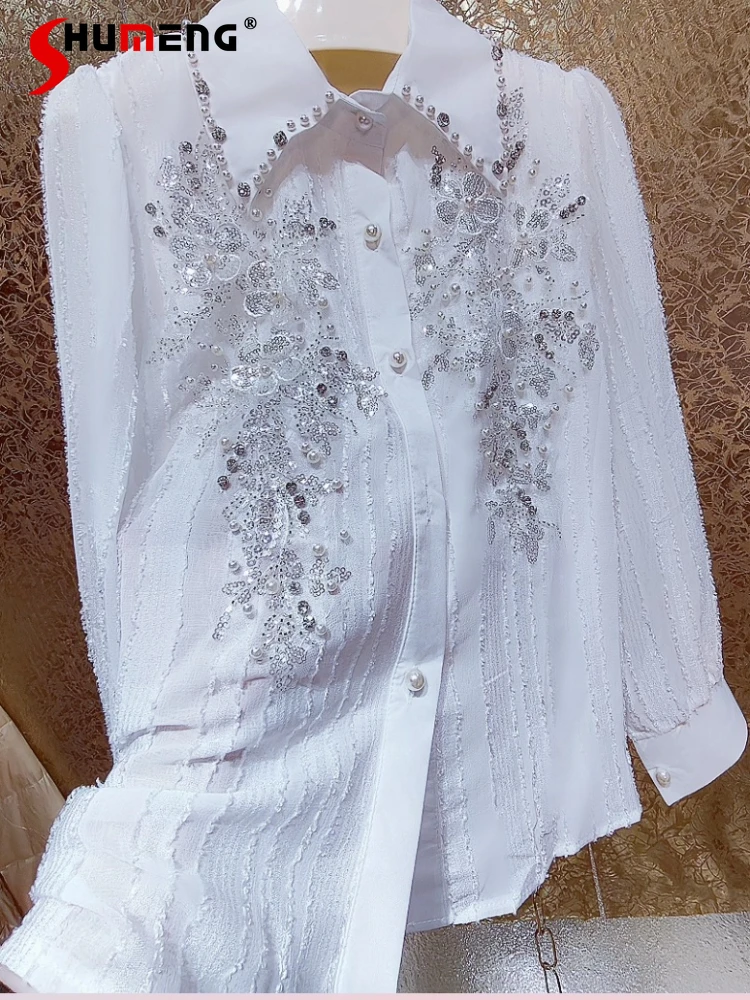 

Осень 2023, новые красивые элитные модные рубашки ручной работы с блестками, расшитые бисером и жемчугом, трехмерные топы с цветами, сказочные хлопковые рубашки