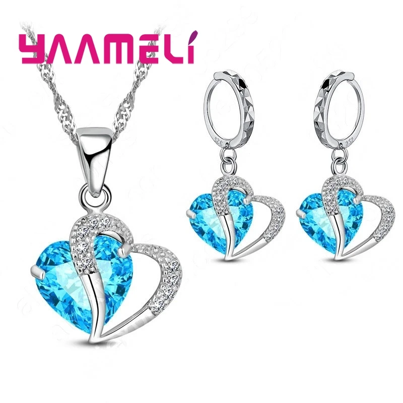 Gift Jewelry Set for Women 925 Sterling Silver Color Cubic Zircon Inlay Heart Pendant Necklace Earrings Wedding Accessory