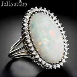 Jellystory Trendy Silver 925 Jewelry Ring Oval Shape Opal Zircon Gemstone Rings for Women Wedding Party Gift Wholesale Size 6-10