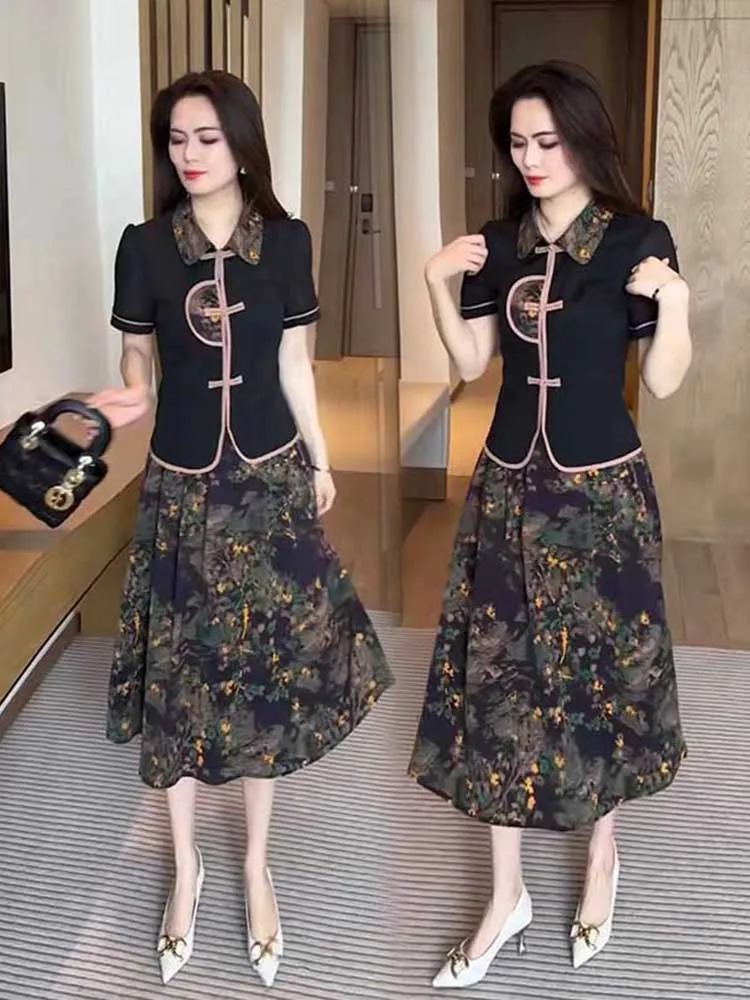 

New Chinese Style Women's Dress Fashion Summer Two-Piece Set Dress