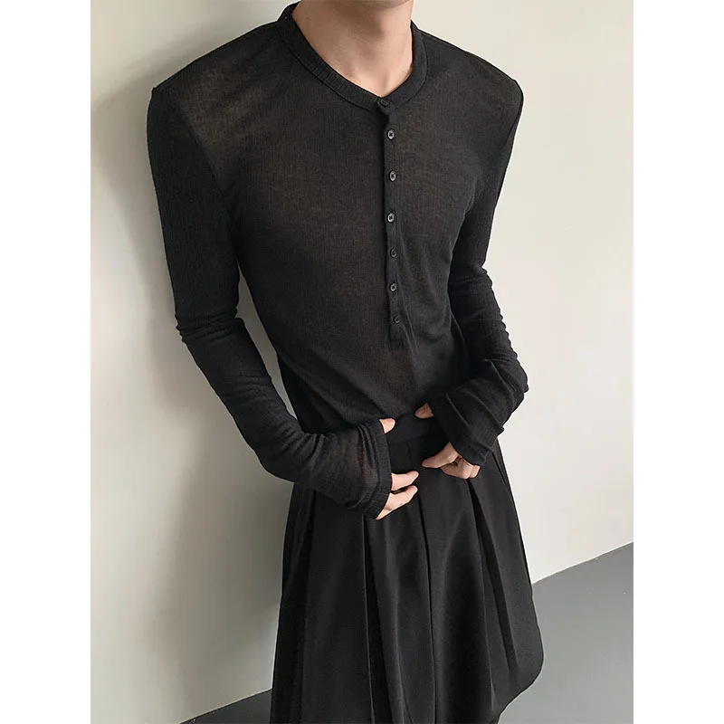 

Black Long Sleeved T-shirt Men Slim Fit Fashion Black Casual T Shirt Men Streetwear Korean Loose Cardigan T-shirt Mens Top