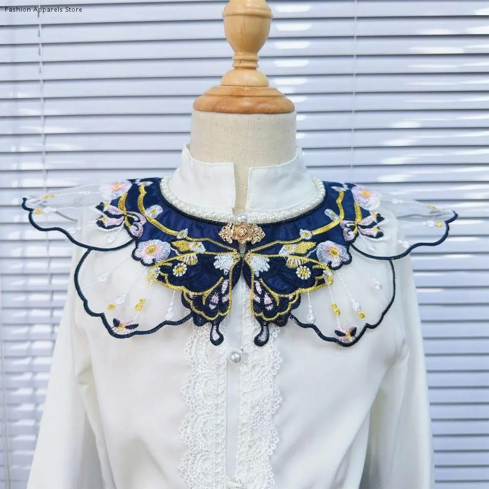 

Embroidery Decoration Hanfu Shawl Butterfly Pearl False Floral Yunjian Round Neck Chinese Kids Shirt False Collar