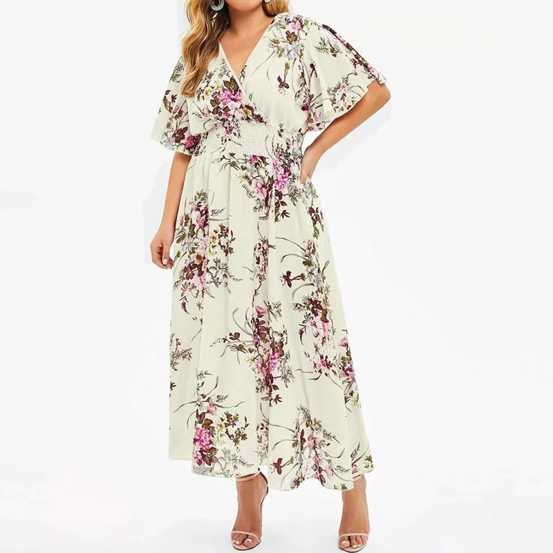 Women's Bohemian Floral Dress Ladies Elegant V Neck Loose Short-sleeved Maxi Dress Beach Holiday Female Oversized Dress