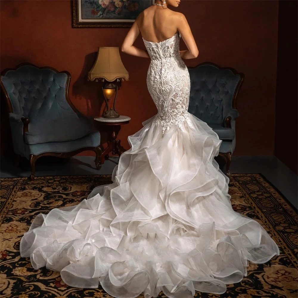 Lindo vestido de casamento sereia querida pescoço sem mangas sem costas vestidos de noiva apliques rendas varredura trem vestidos personalizados