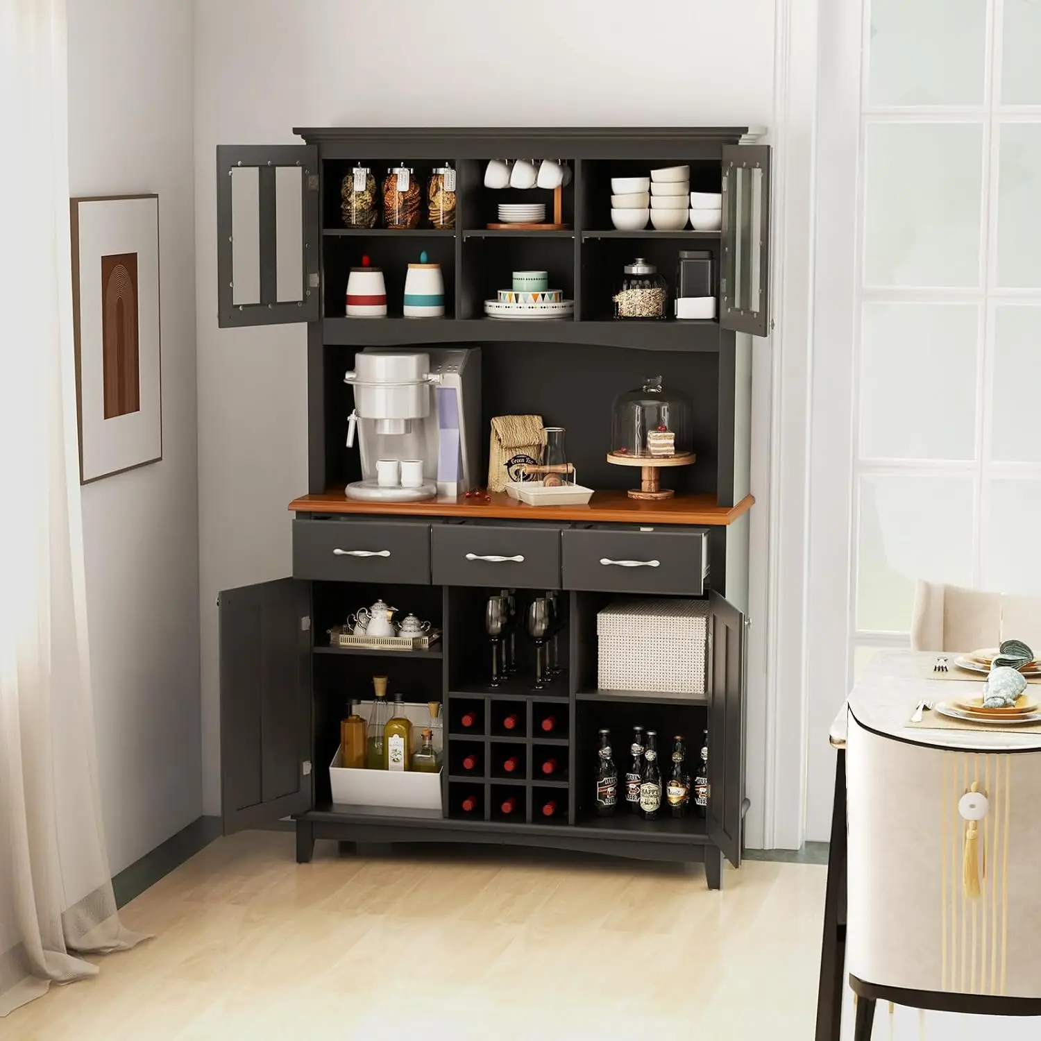 Kitchen Hutch Storage Cabinet, Freestanding Pantry Buffet Sideboard, Modern Buffet Cupboard w/Wine Rack, Adjustable Shelves