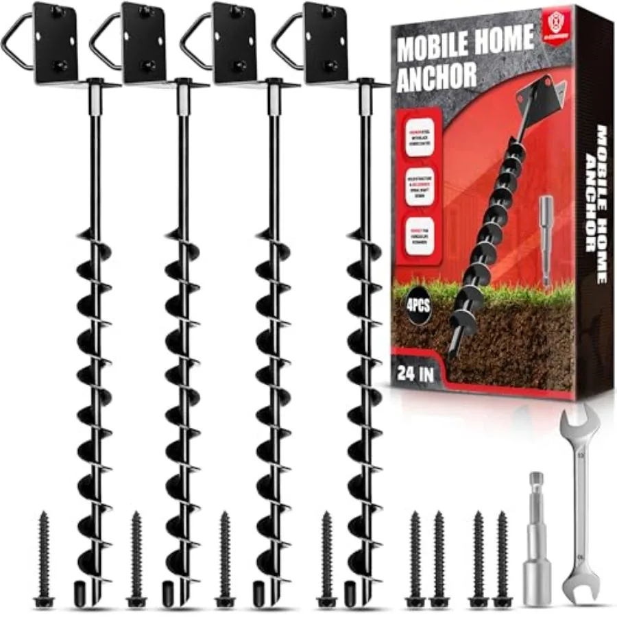 

[Premium] 24" Full Spiral Blade Mobile Home Anchor, 4 Pack Ground Anchor Screw in with L-shaped Brackets, U-bolts, Power Nut Dr