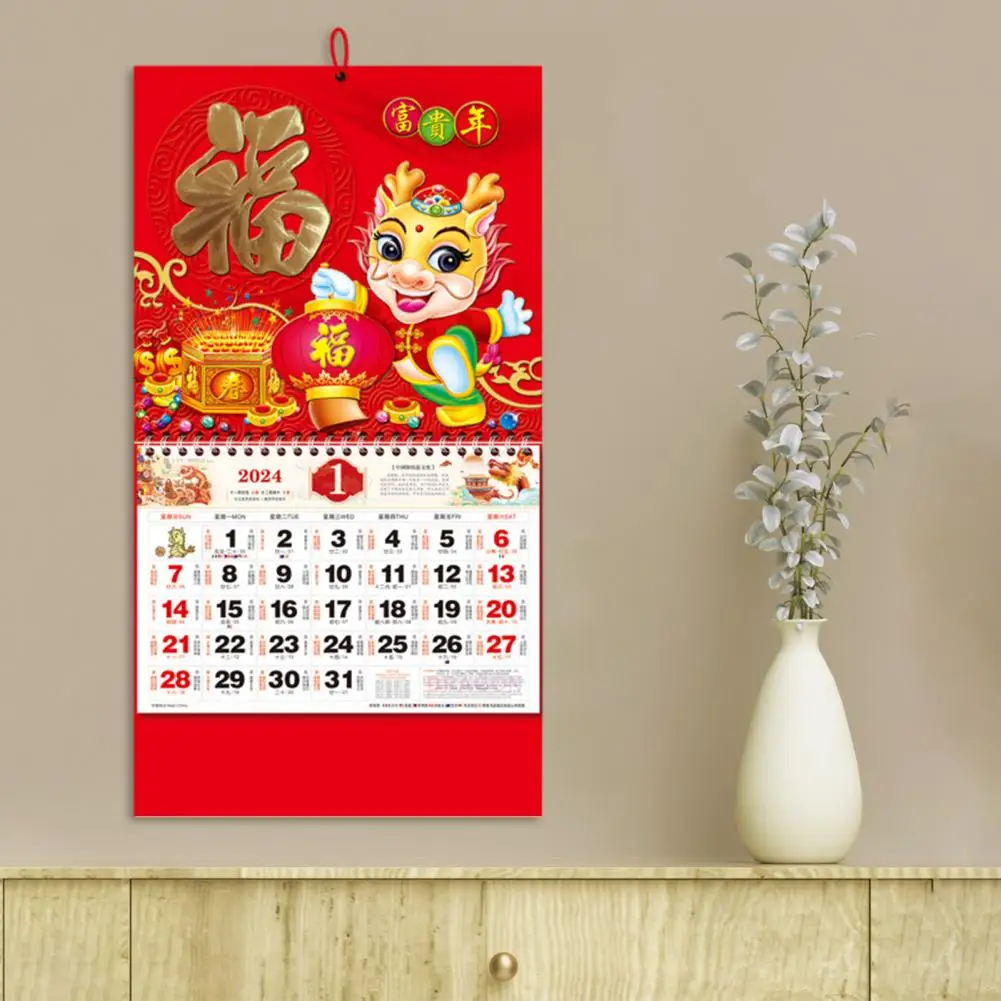 Calendario de pared con estampado de Año Nuevo Chino, diseño de dragón tradicional para decoración del hogar, Lunar, 2024, 2024