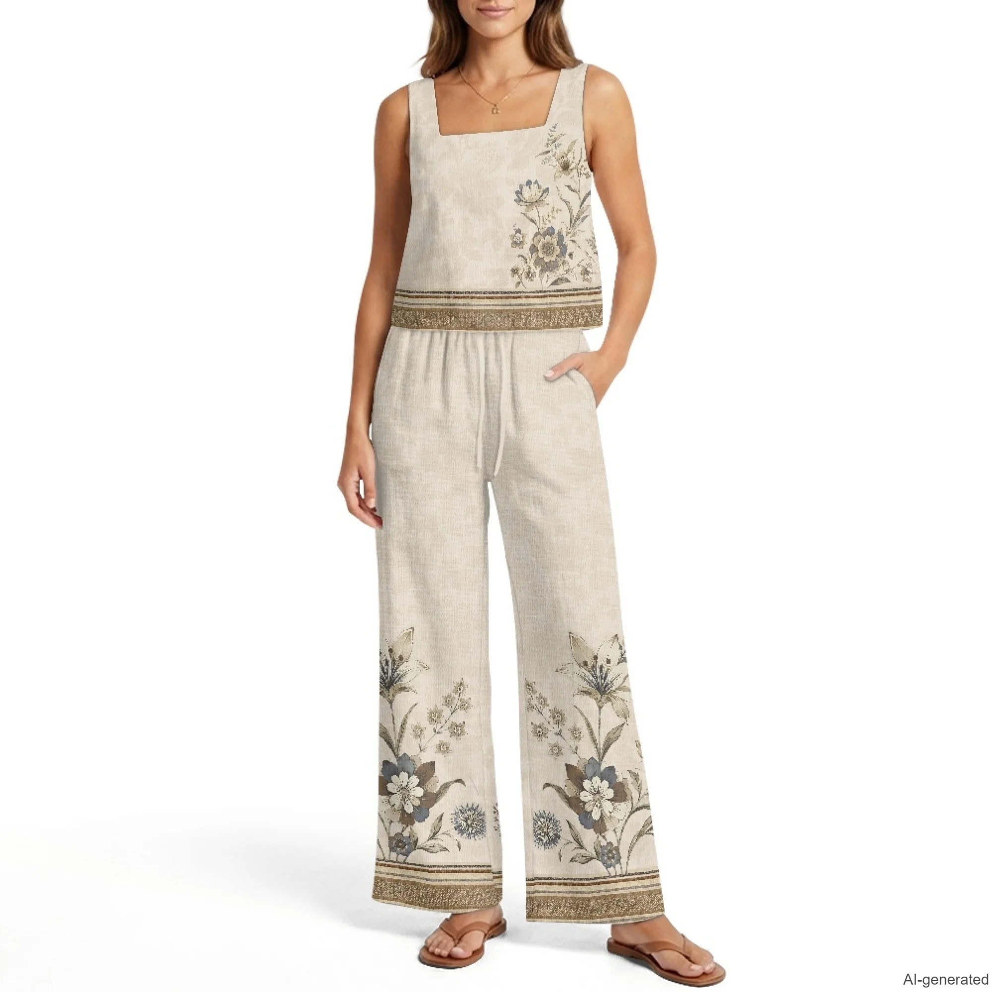 XIXIRIMIDO Conjunto de Dos Piezas de Lino para Mujer, Blusa sin Mangas con Rayas Étnicas y Pantalones Anchos, Traje para Vacaciones en la Playa con Bolsillos