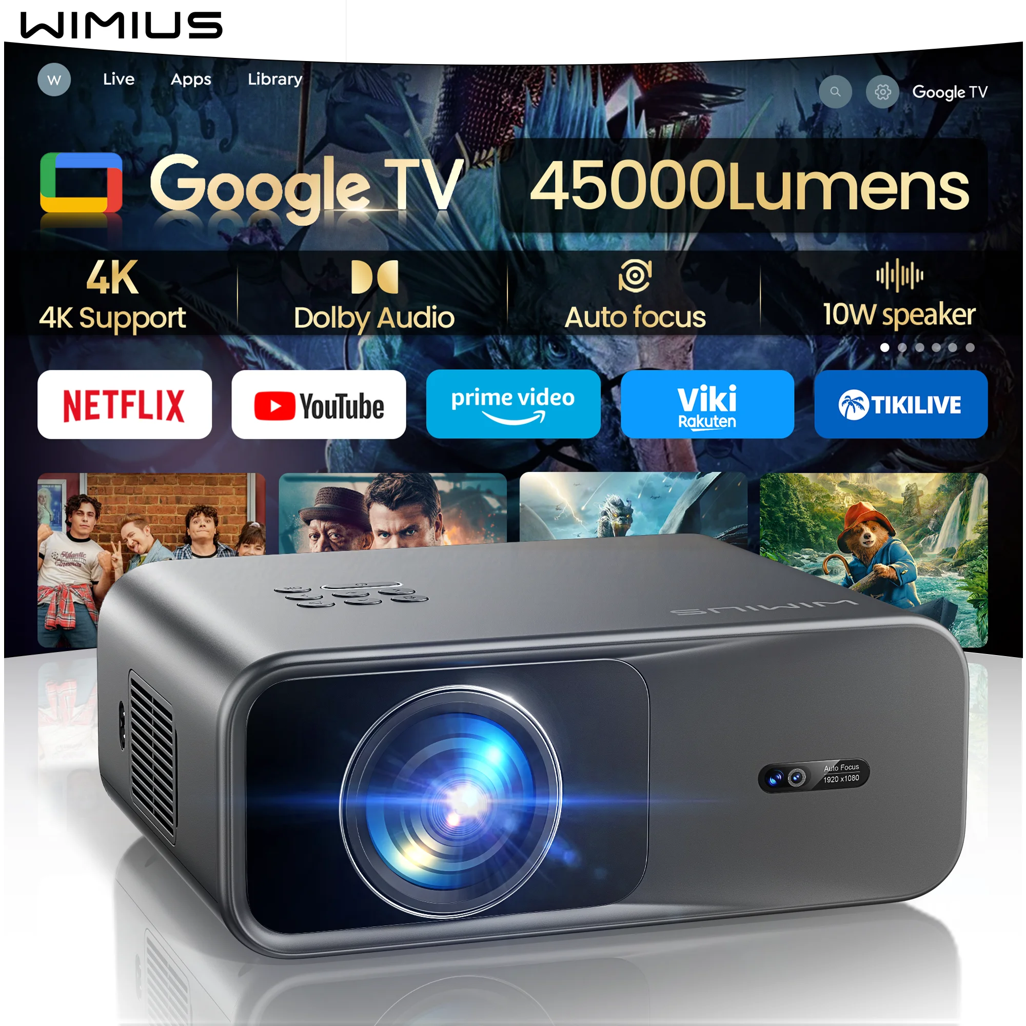 Wimius 1200ANSI 4K Projector Google TV Laser WiFi6 1080P Full HD 20W Luidsprekers Home Theater Filmprojectoren voor Netflix Beamer