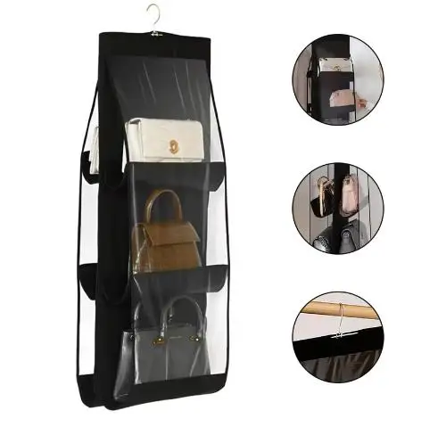 

6 Pockets Black Handbag Hanging Organizer Oxford Cloth Handbag Storage Bag For Family Closet Bedroom Sundry Folding Travel Pouch