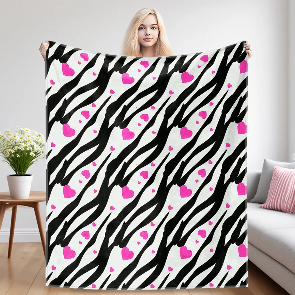 Zebra Pink Hearts Winter And Summer Dual-Use Comfortable Flannel Blanket, Soft And Sticky Sofa Cover Blanket, Exquisite Gift