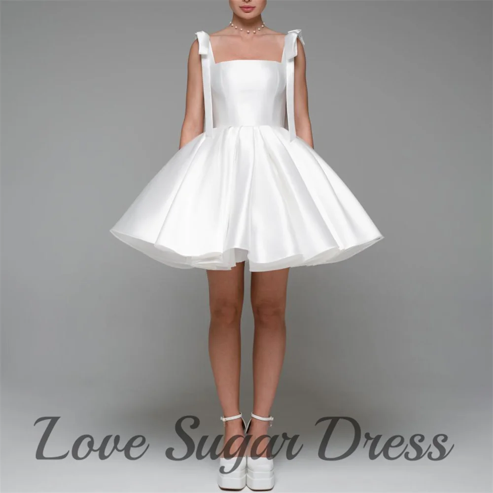 

A Line Short Princess Wedding Dresses Spaghetti Strap Sleeveless Bridal Gowns Satin Mini Bride Dress vestidos de novia