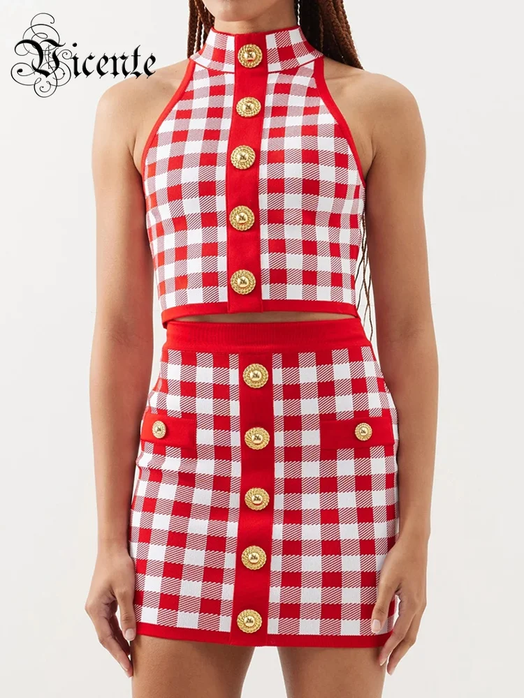 

VC 2 Piece Sets Women Outfit 2024 Summer Fashion Vintage Red Plaid Female Clothing Tight Bandage Skirt Suit With Button
