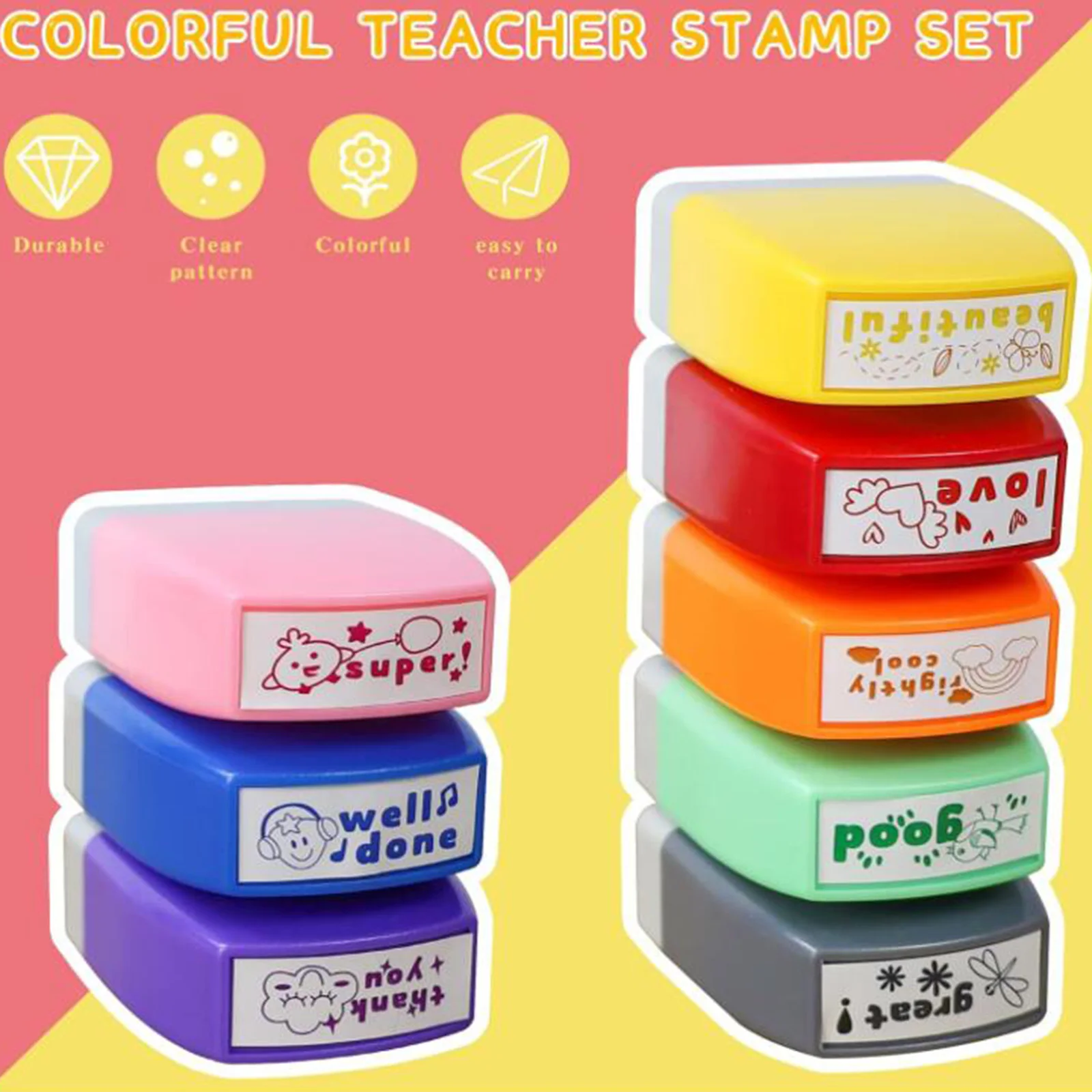 8Pcs Teacher Stamps Self Inking Motivational Colorful Set Parent  for School Supplies Classroom Reward Motivation Recognition