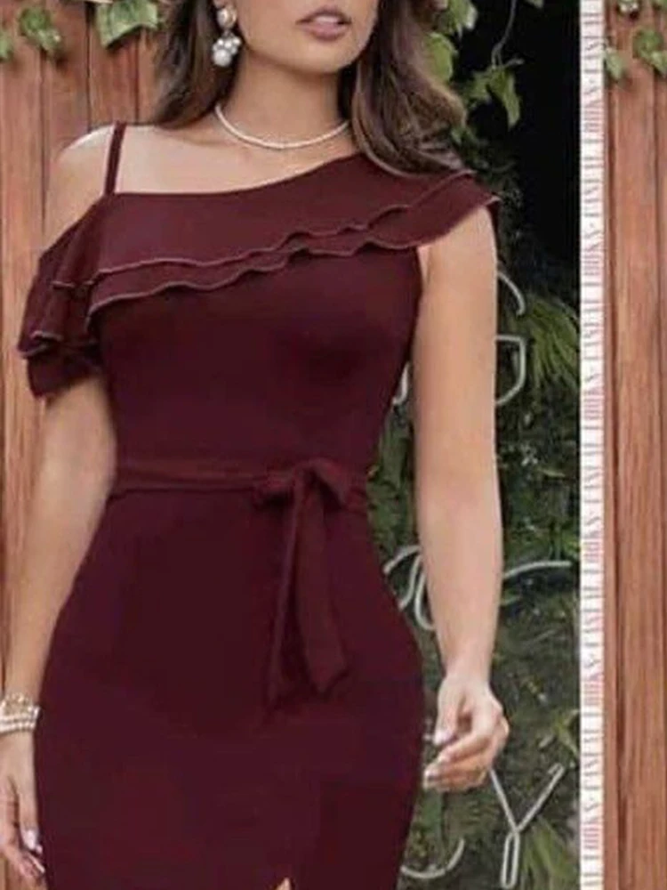 Women's Burgundy One Shoulder Dress Ideal for Evening Galas Cocktail Parties Formal Dinners