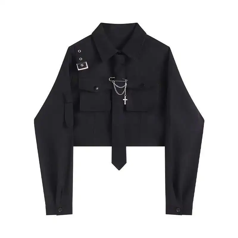 Women Crop Top Shirts Cool Black Long Sleeved Workwear Shirt For Women In Autumn, Loose Design, Niche Short Chain Top, Trendy