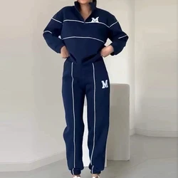 Casual Letter Print Sports Two Piece Set Autumn Hoodies Loose Outfit Women Stand Collar Long Sleeved Sweatshirt+Long Pants Suit