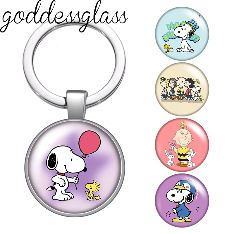

MINISO Snoopy Cartoon and Friends photo glass cabochon keychain Bag Car key chain Ring Holder Charms keychains earrings