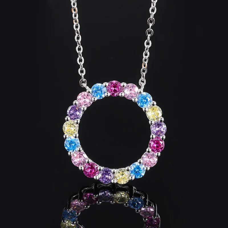 S925 Sterling Silver Colorful Crystal Wreath Fashion Couple Pendants Necklace Women Vintage Circle Jewelry Wedding Anniversary