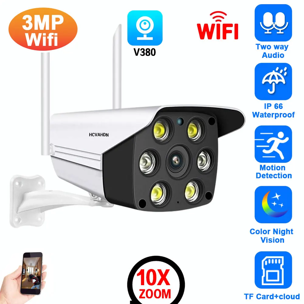 

3MP Wifi Bullet Security Camera Outdoor Home Two Way Audio Wireless CCTV Surveillance Camera Color Night Vision V380 IP Cam P2P