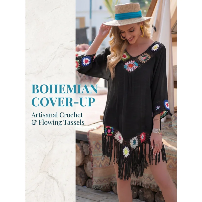 New Seven-Quarter Sleeve Crochet Patchwork Fringe Beach Dress