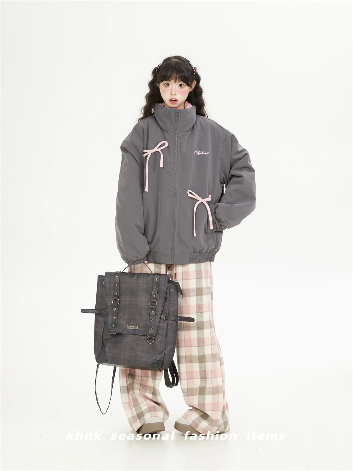 Premium Bow Plaid Splicing Stand-up Collar Jacket Cotton-padded Clothes Women Winter Loose Thickened Loose Cotton Clothes Jacket