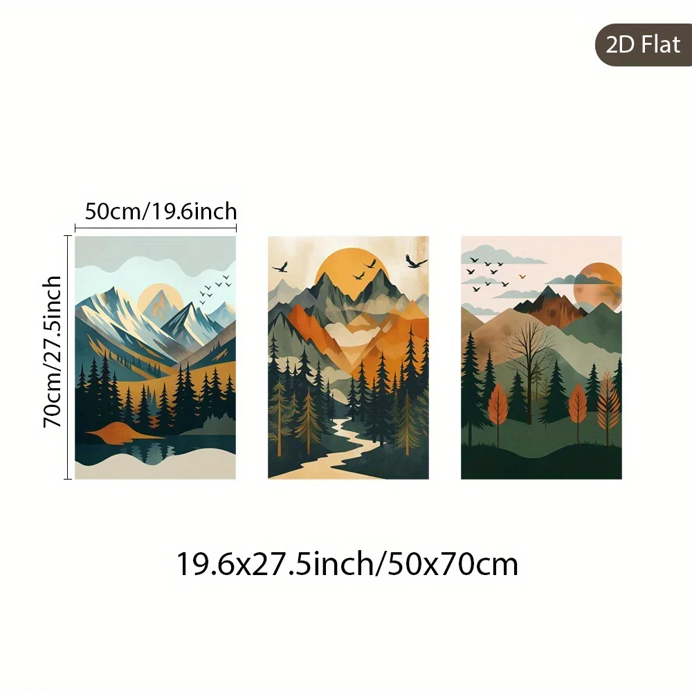 3pcs Unframed Mountain Vista Canvas Print, Tranquil Sunset Wall Art, Forest Silhouettes Wall Art Poster, Nature Harmony Artwo