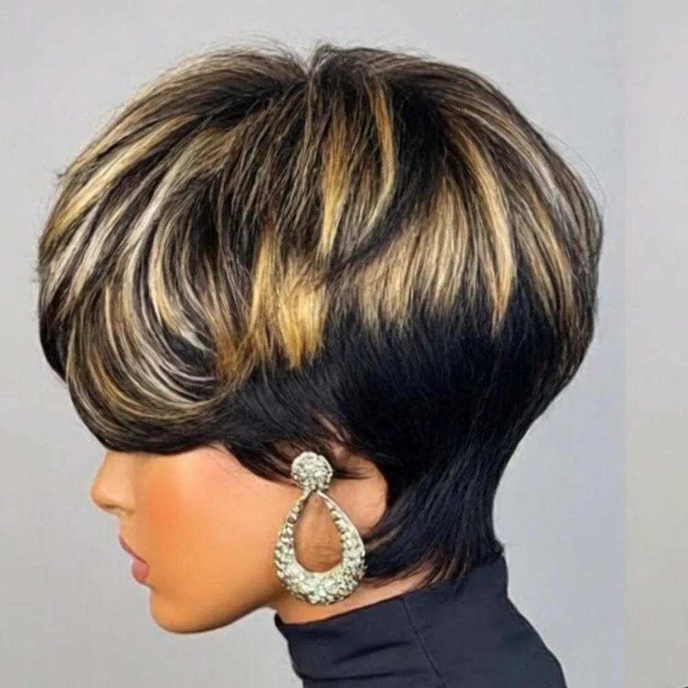 شعر مستعار قصير الطبقات مستقيم بقص عابث ومموجات الأصابع شعر بشري 100% طبيعي واقعي خالي من التشابك آلة كاملة مصنوعة للنساء #5