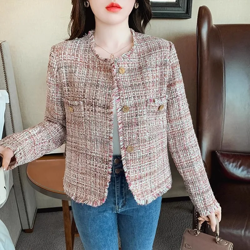 

Women's Autumn Winter 2023 New Loose Plaid Tassel Coarse Woolen Coat Fragrance Tweed Jacket