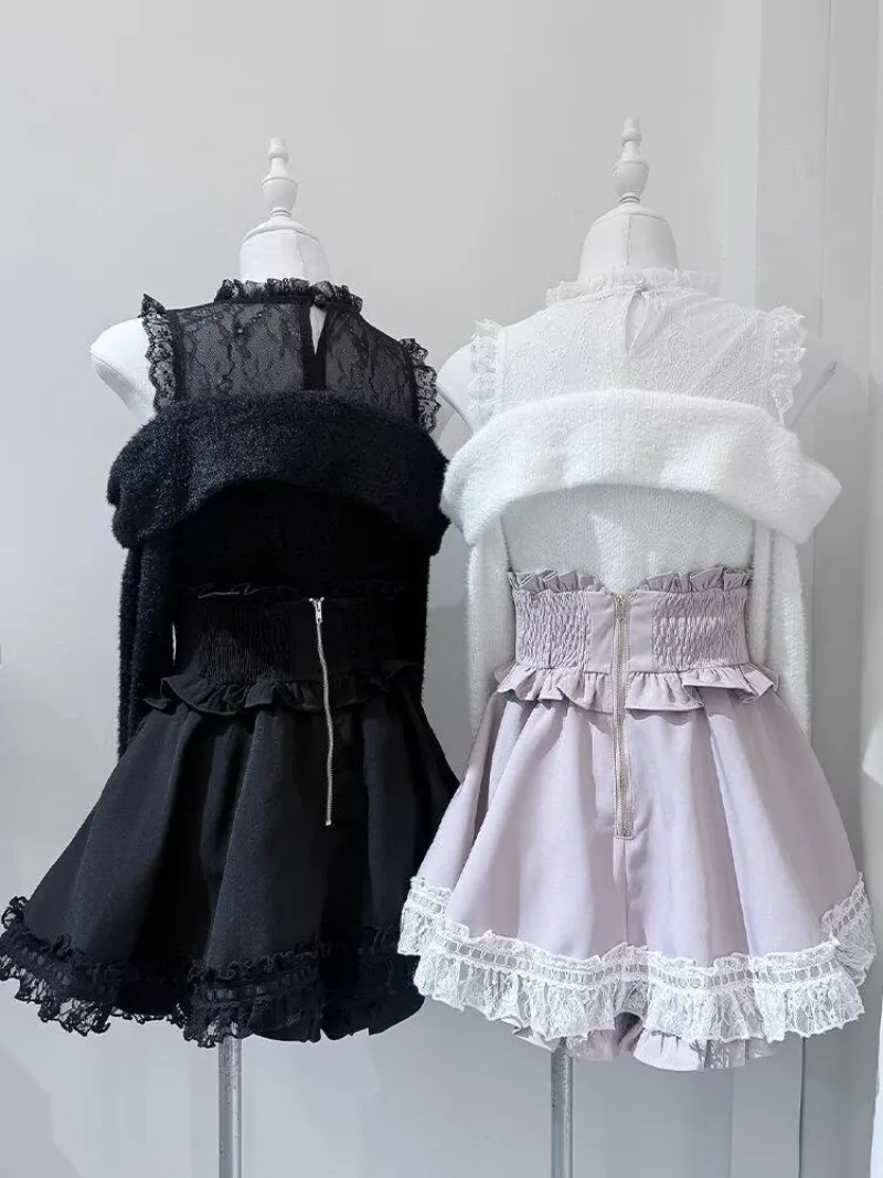 Japanese Cute Sweet Lolita Autumn/Winter New Skirt Sets Soft Girls Off The Shoulder Long Sleeve Bow Sweater+Skirts 2-piece Set image 3