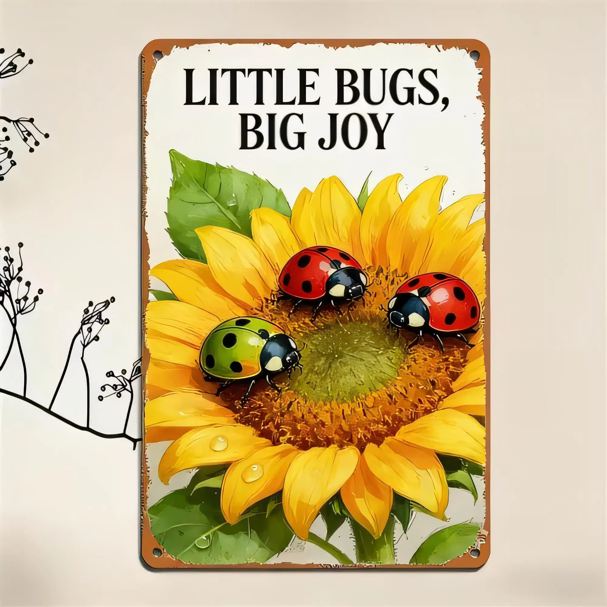 Little Bugs Big Joy Tin Sign, Cute Ladybugs on Sunflower Vintage Metal Wall Art, Farmhouse Garden Decor for Kitchen Bathroom Bed