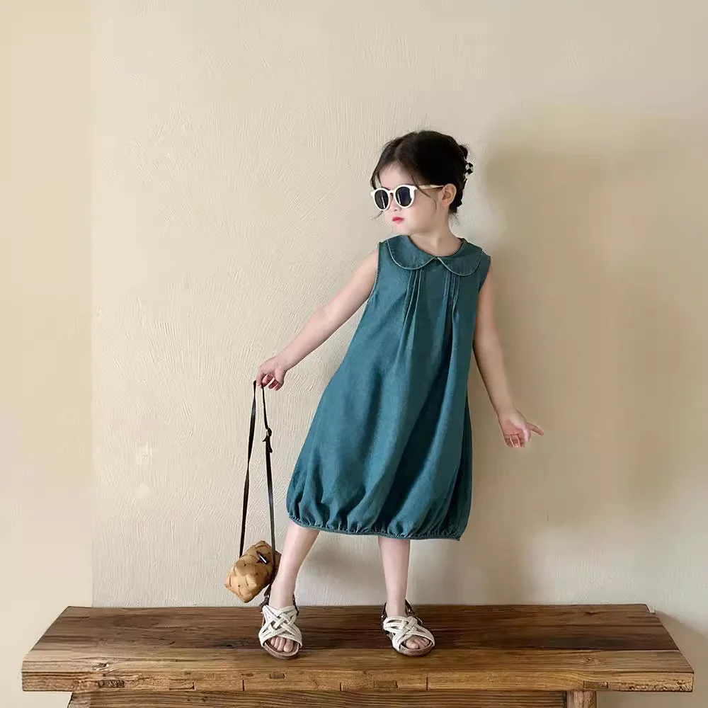 Korean Baby Girl Dress Summer Children's Doll Collar Denim Dress Birthday Dress Kids Clothes