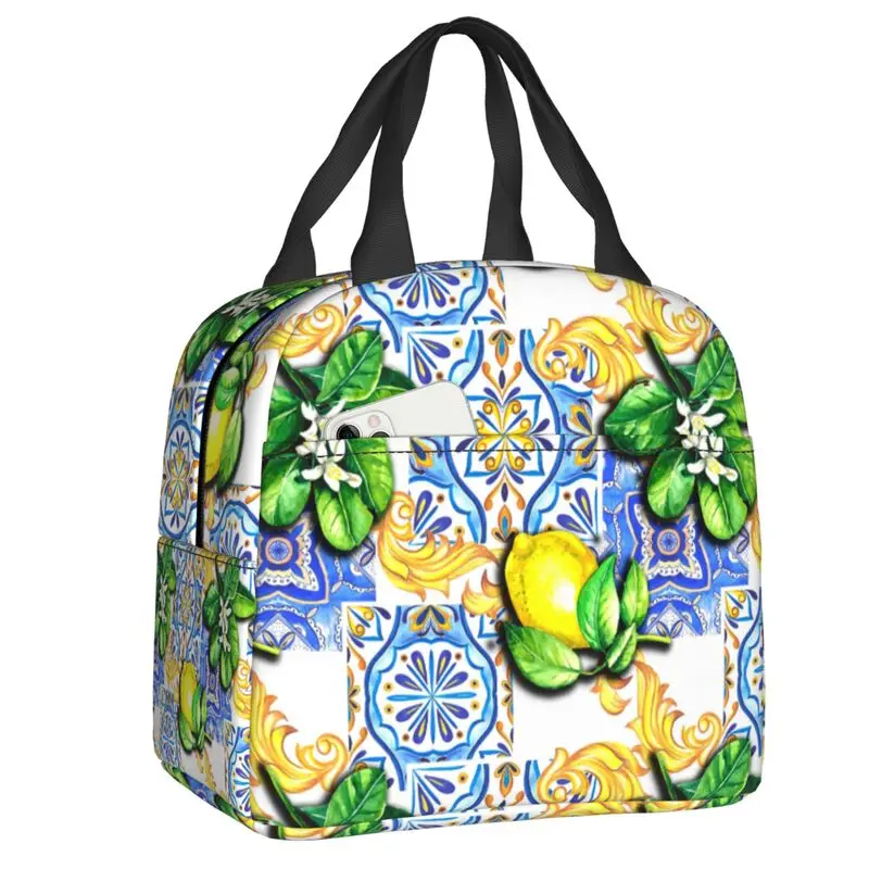 Custom Summer Fruit Lemon Mediterranean Tiles Lunch Bag Waterproof Cooler Thermal Insulated Lunch Box For Women Food Tote Bags