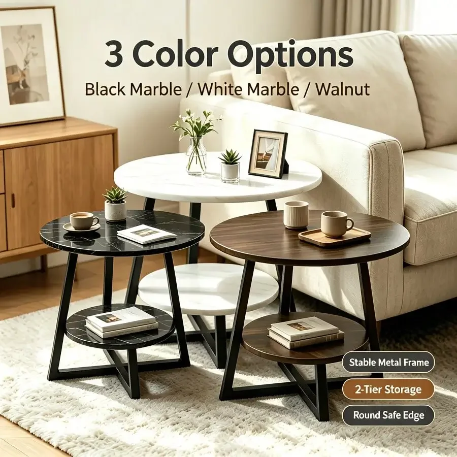 Two‑Tier Round Side End Table, Waterproof Easy‑To‑Clean Tabletop, Sturdy Geometric Metal Frame, Modern Decorative Furniture For Living Room, Bedroom And Small‑Spaces