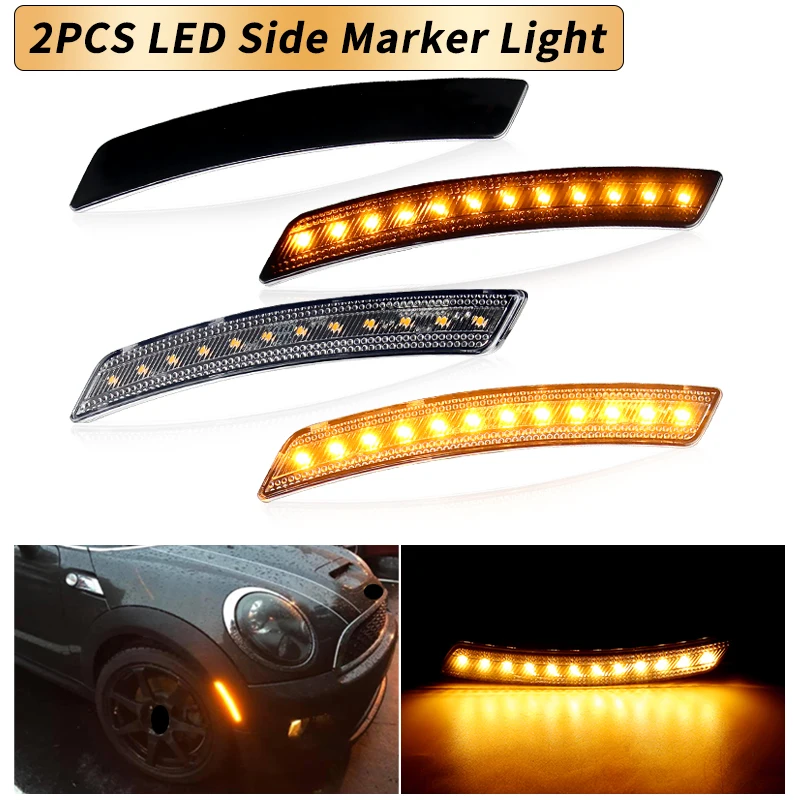 

2PCS For Mini Cooper R55 R56 R57 R58 R59 R60 R61 Smoked/Clear Lens Front Amber LED Side Marker Turn Signal Fender Flare Lights