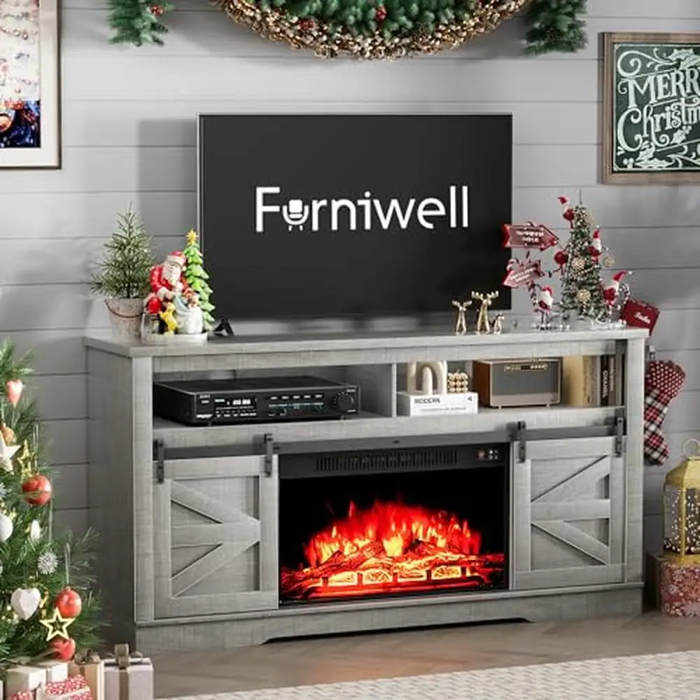 Electric Fireplace TV Stand Farmhouse Console with Sliding Barn Door Rustic Charm & Ample Storage 65